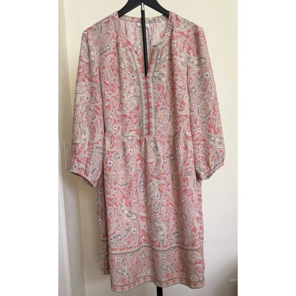 J. Jill Women Pink Paisley V-Neck Peasant Midi Dress L Boho Cottagecore